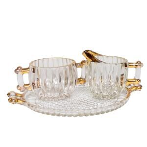 Vintage JEANETTE GLASS Depression Glass 40s National Gold Accent Mid Century Mod